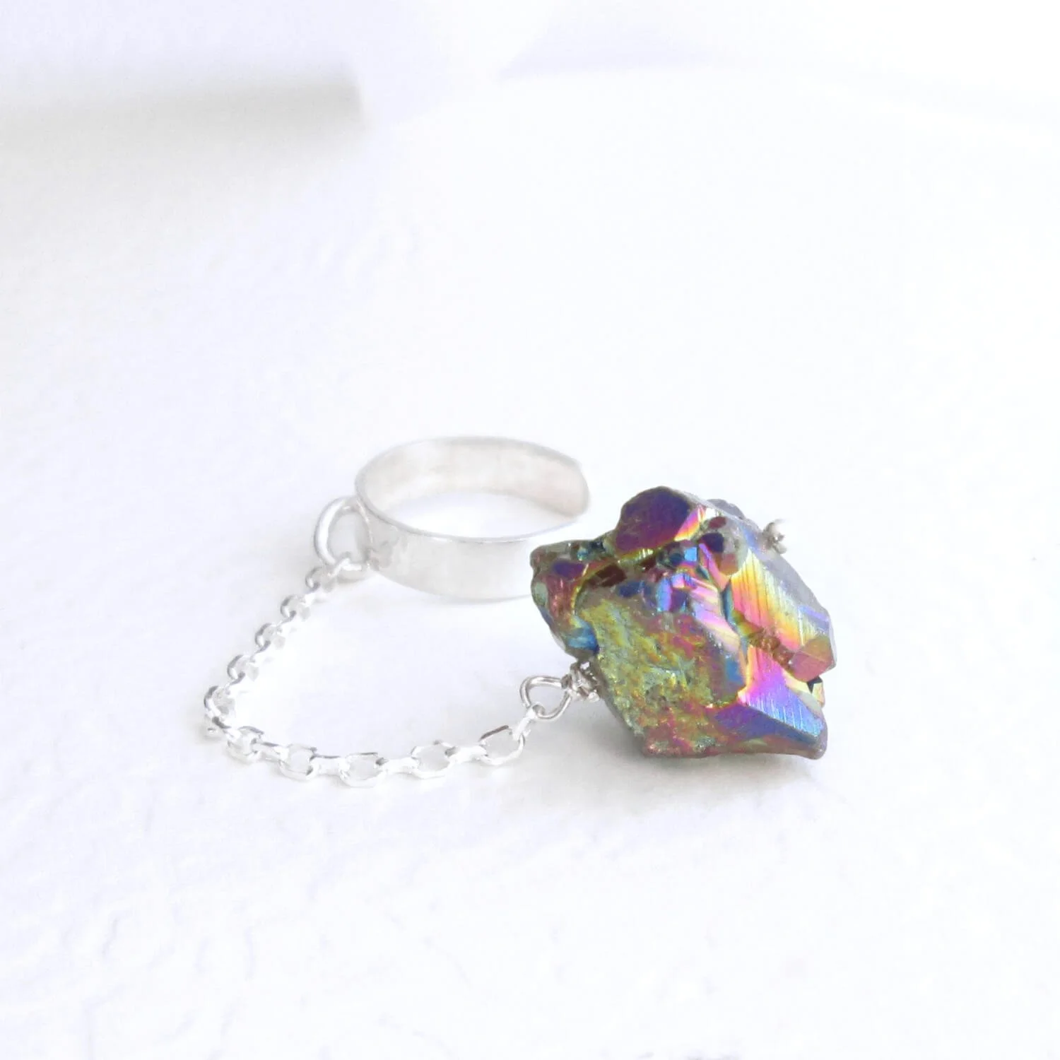 Dangle Ear Cuff with Chain, Rainbow Titanium Druzy